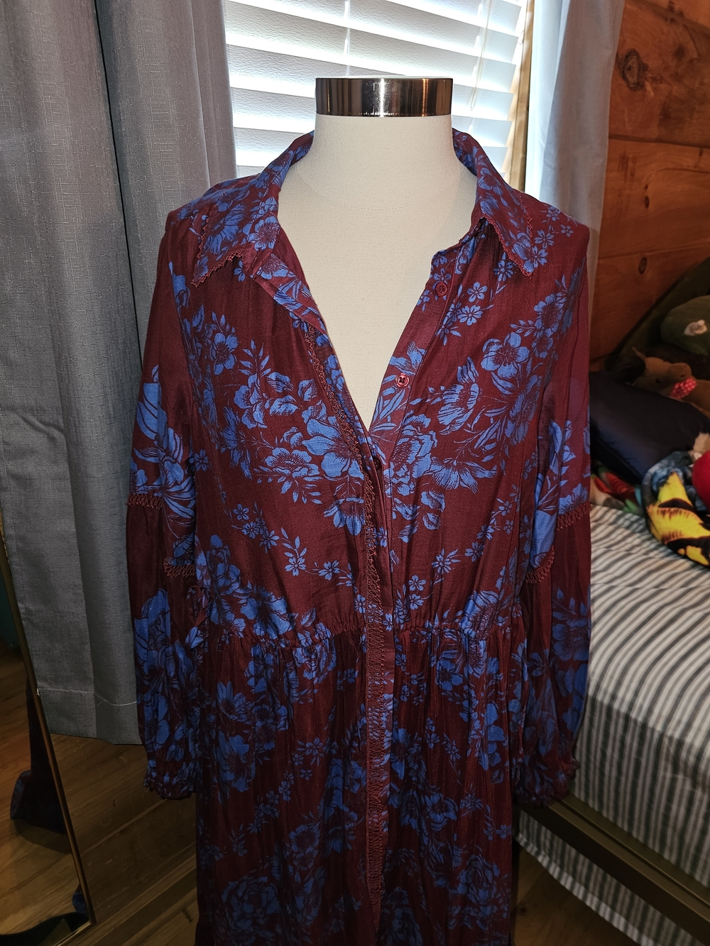 Anthropologie Blue Floral on Wine Button-Front Maxi Dress - Picture 2 of 5